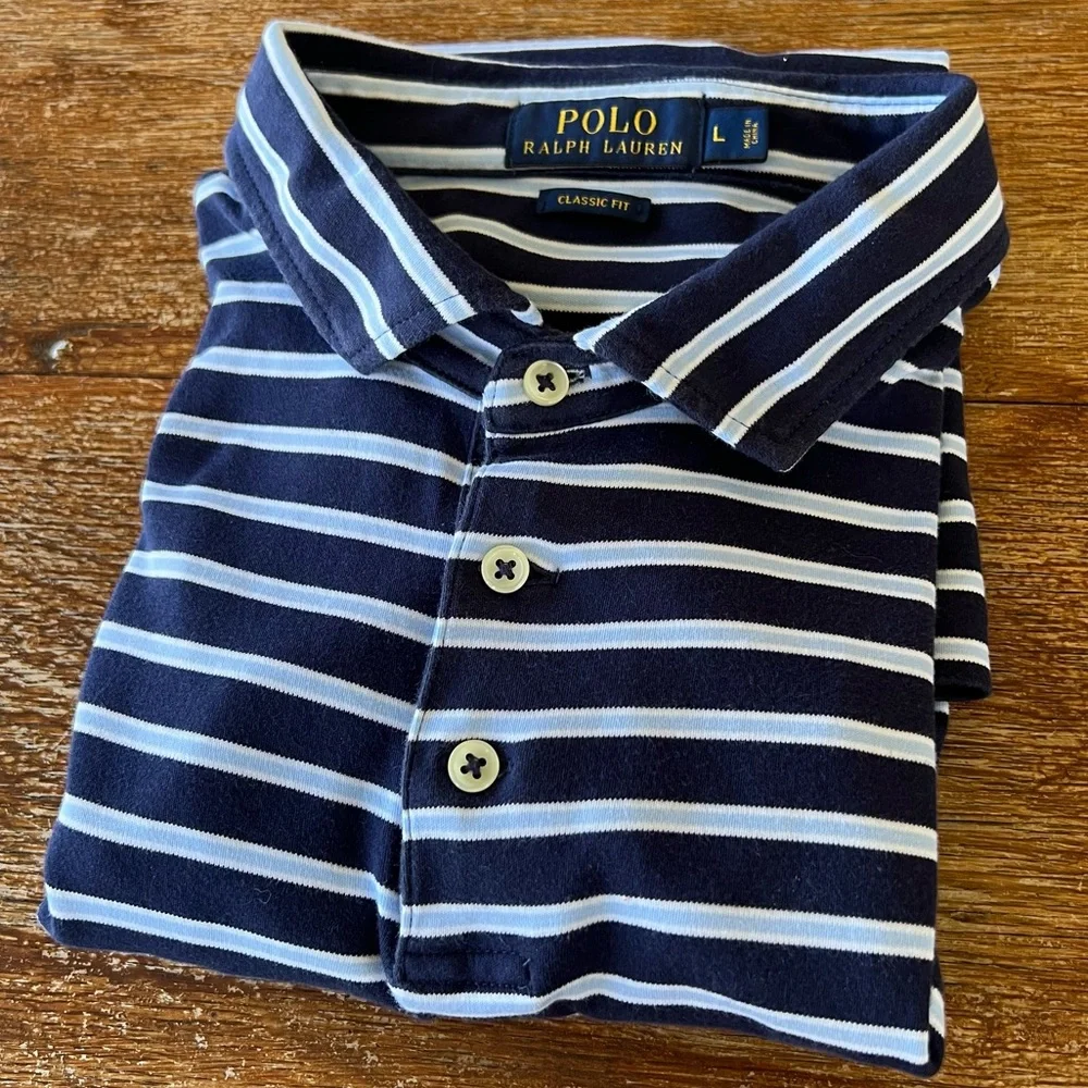 Ralph Lauren Polo Shirt Men's 100% Cotton Navy Baby Blue Stripes Classic Fit L